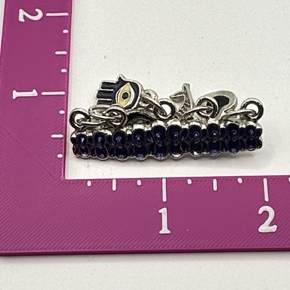 Vintage Silver Tone Brooch Pin Blue Enamel Hamsa Evil Eye Charms Luck Protection - Picture 8 of 10